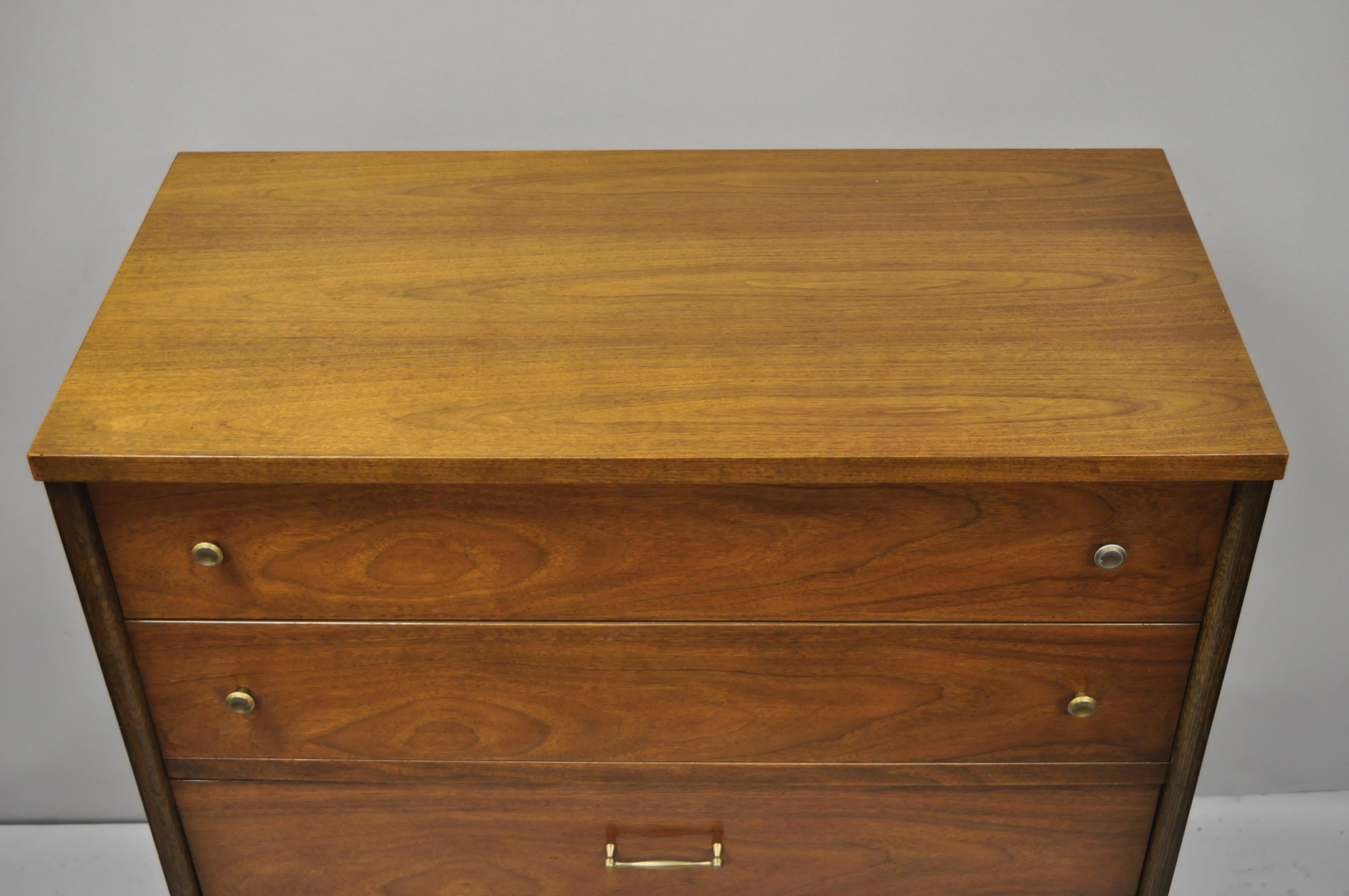 Mid-Century Modern Walnut Tall Chest Dresser by Bassett Brass Stretcher Base In Good Condition In Philadelphia, PA