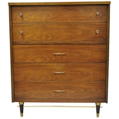 Vintage Mid-Century Modern Walnut Tall Chest Dresser by Bassett Brass Stretcher Base