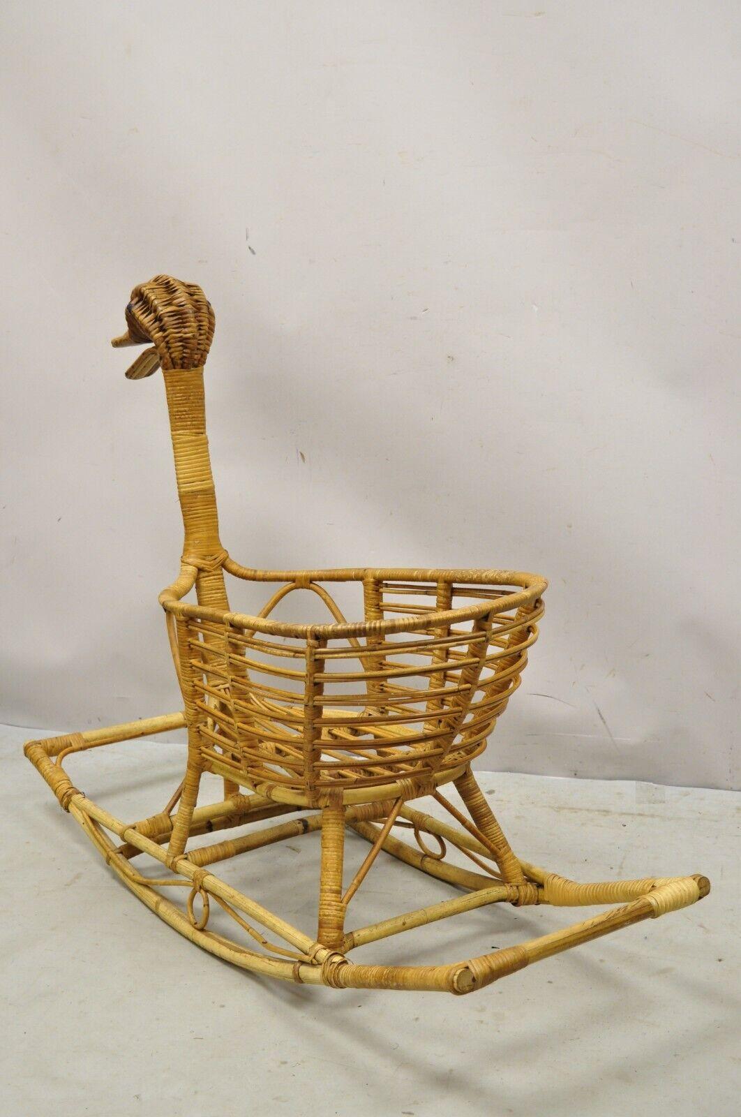 Vtg Mid-Century Modern Wicker Rattan Figural Duck Rocker Bassinet Basket Crib For Sale 2
