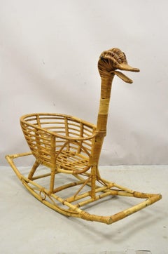 Vtg Mid-Century Modern Wicker Rattan Figural Duck Rocker Bassinet Basket Crib