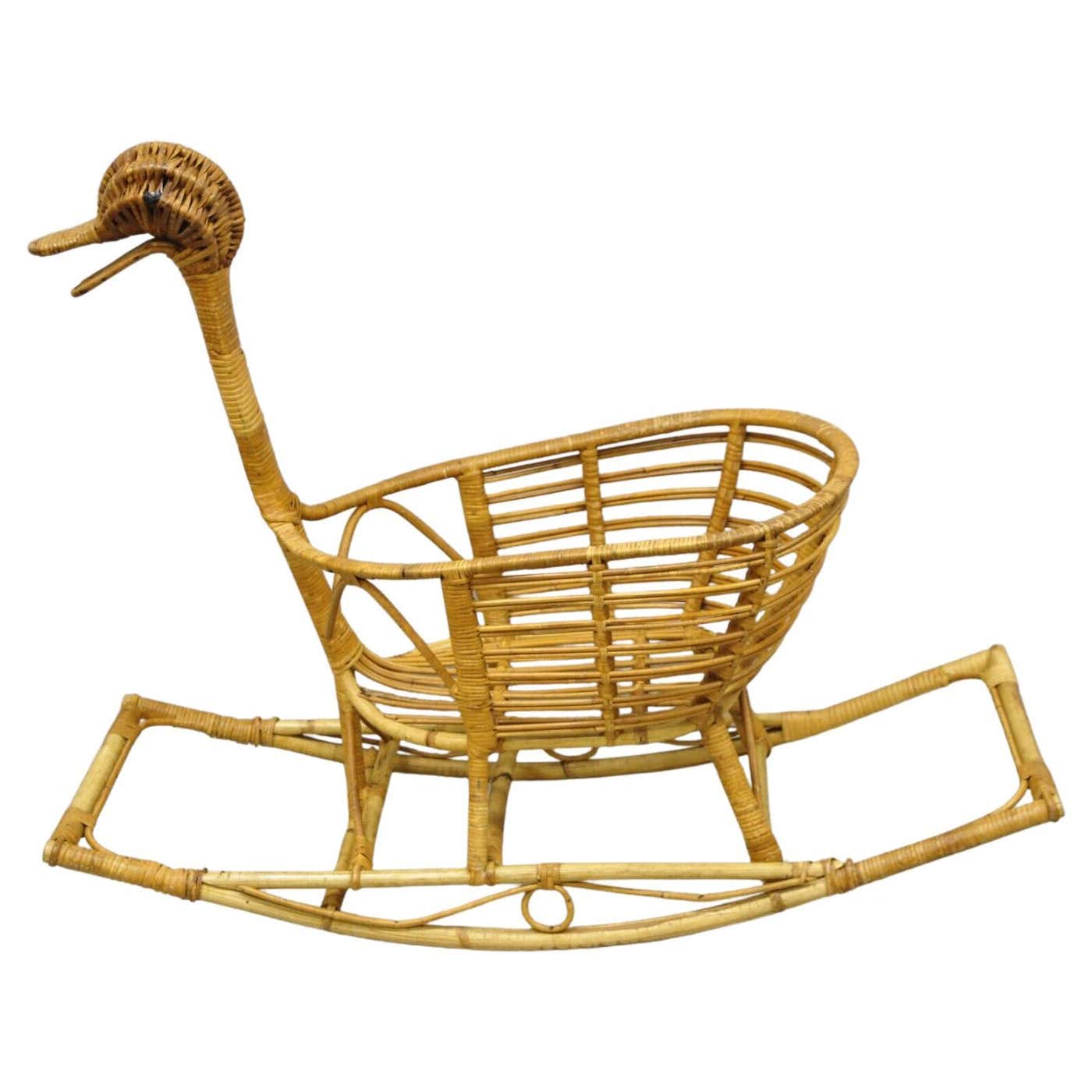 Vtg Mid-Century Modern Wicker Rattan Figural Duck Rocker Bassinet ...
