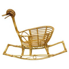 Vintage Vtg Mid-Century Modern Wicker Rattan Figural Duck Rocker Bassinet Basket Crib