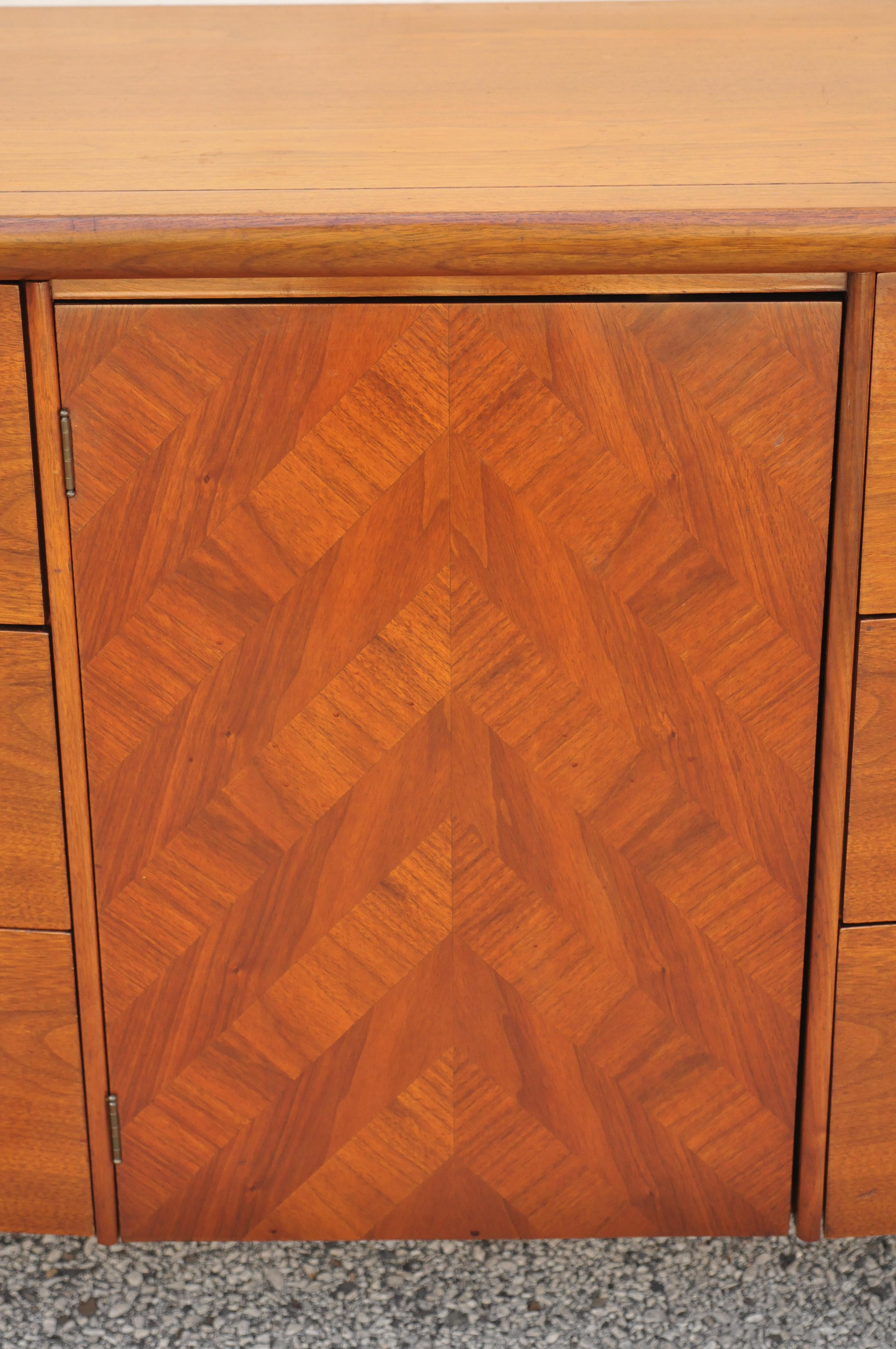 North American Vtg Mid Century Sculpted Walnut Credenza Cabinet Dresser Marquetry Inlay Door