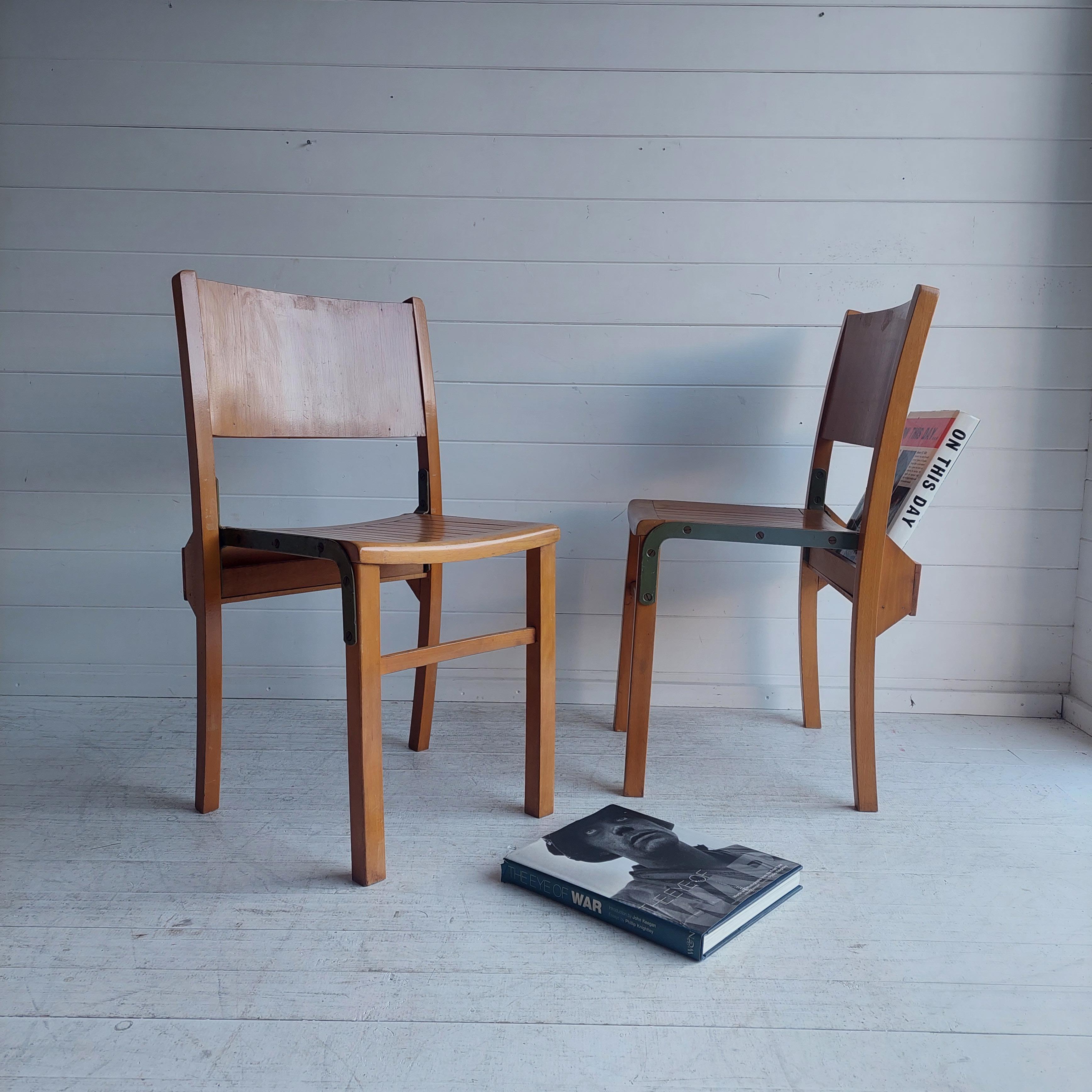 British Vtg Mid Century Set Of 2 Beech Dining Chairs  school Scandinavian, 50s