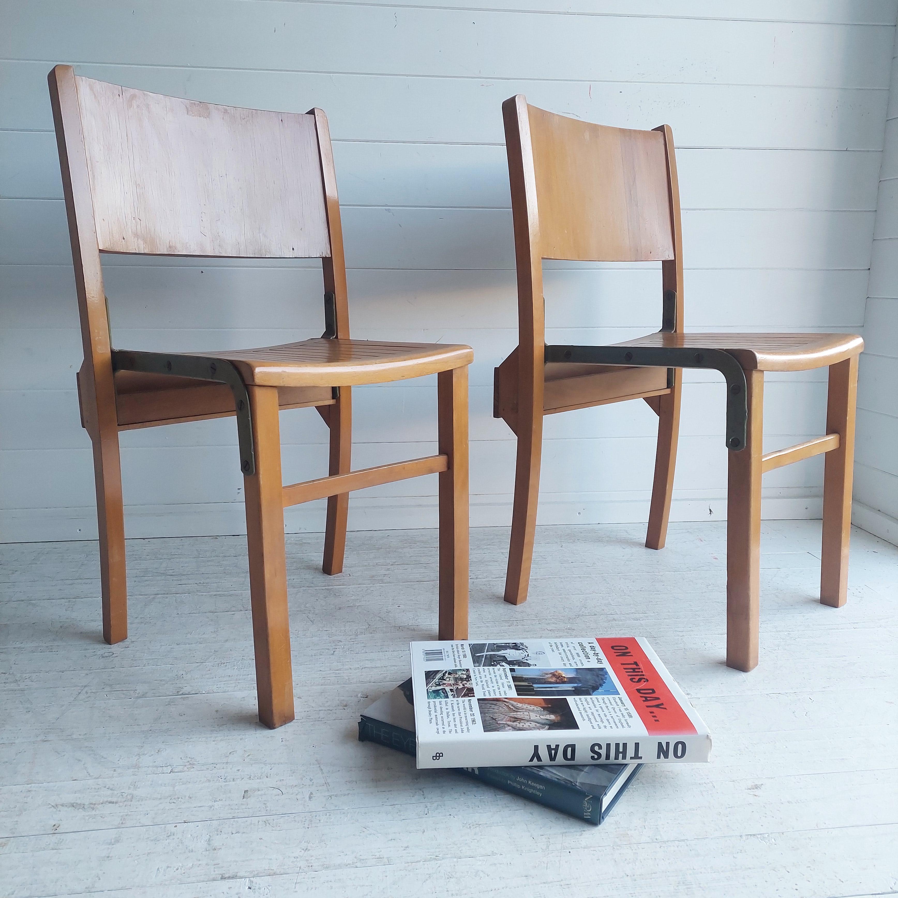 20th Century Vtg Mid Century Set Of 2 Beech Dining Chairs  school Scandinavian, 50s