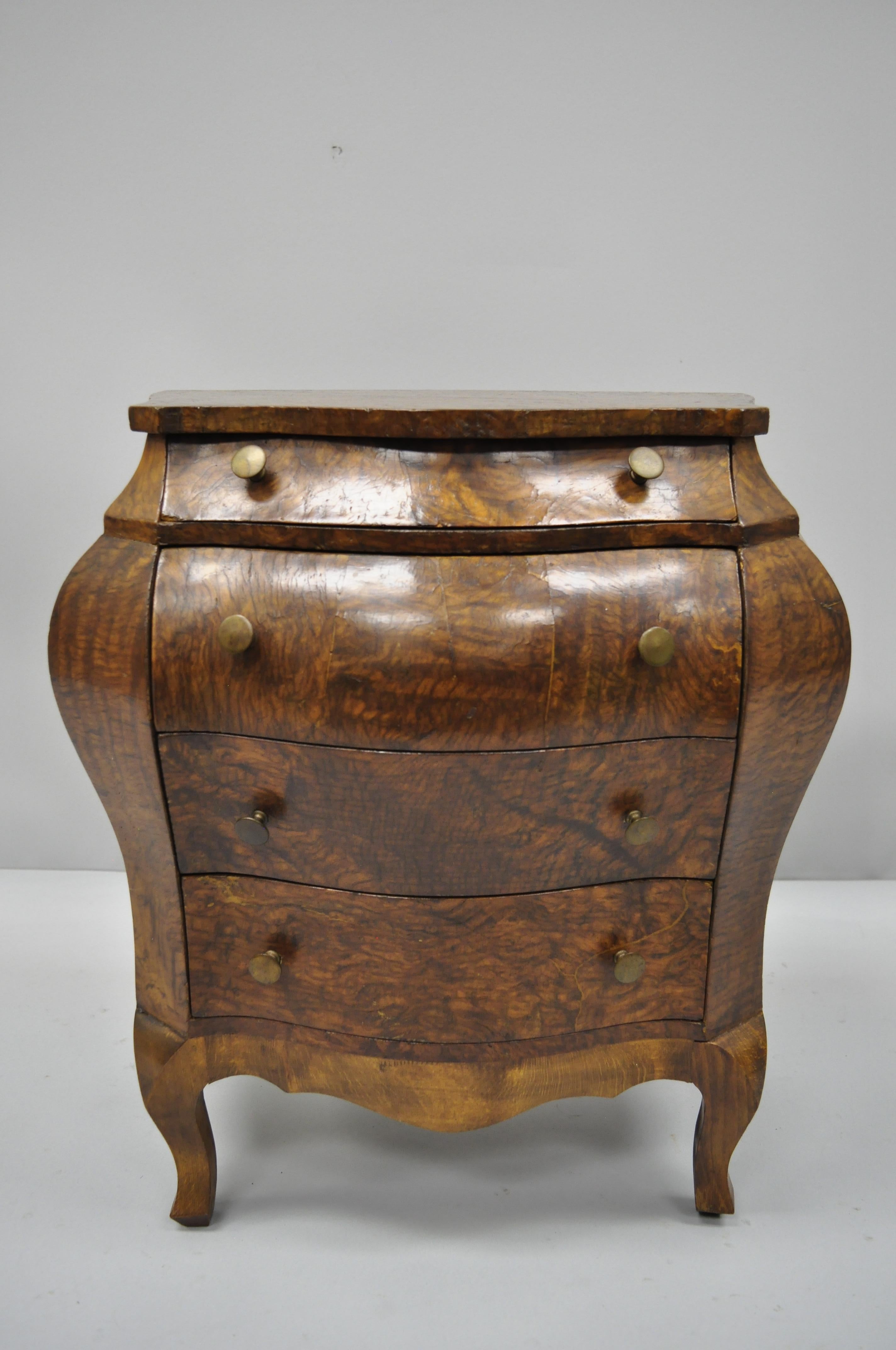 Vintage miniature Italian burl olive wood French Louis XV style bombe chest. Item features shapely bombe form, 