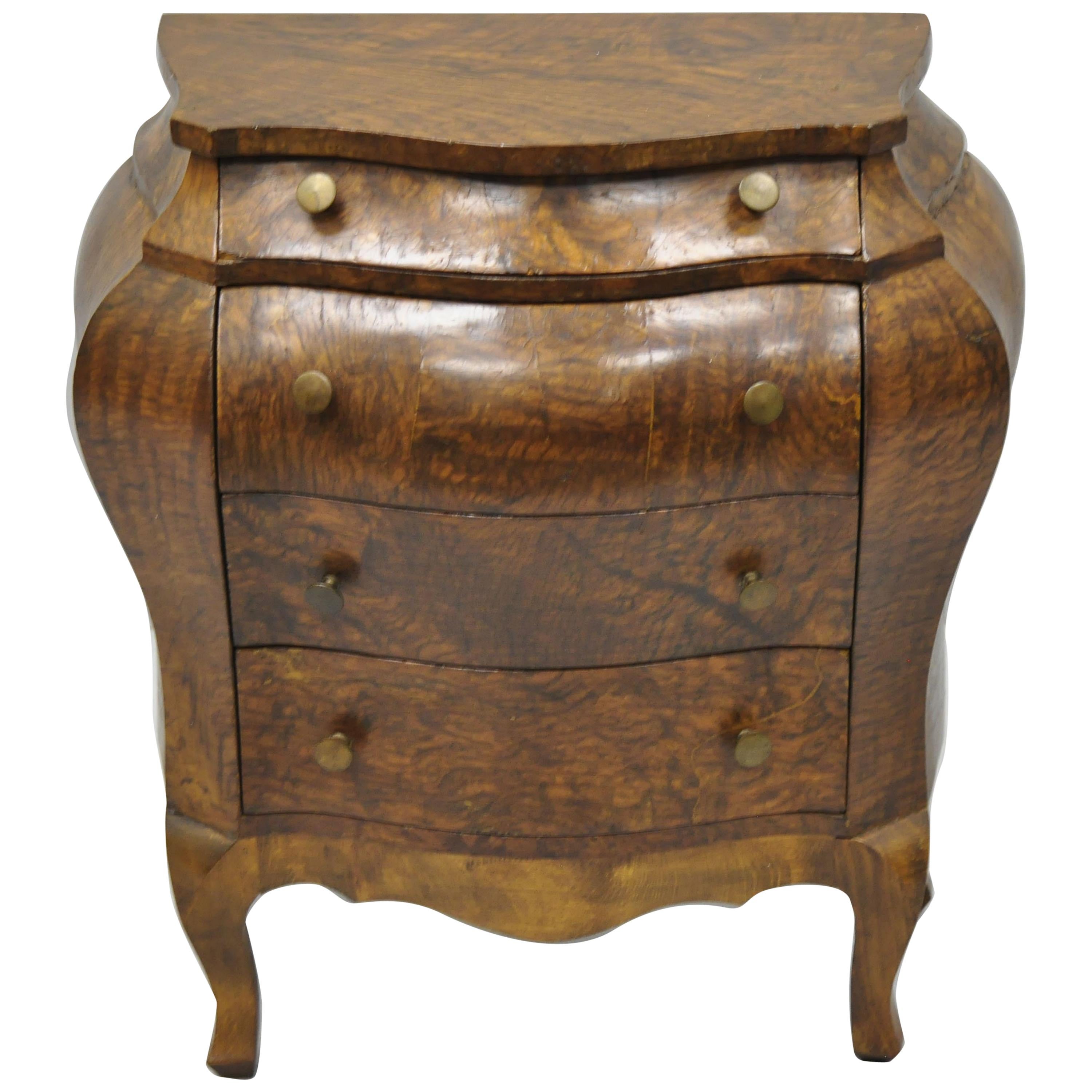Vtg Miniature Italian Burl Olive Wood French Louis XV Style Bombe Commode Chest For Sale