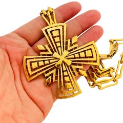 Vtg MONET gold cross pendant chain necklace designer runway