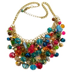 Vtg multi color crystal waterfall gold necklace designer runway