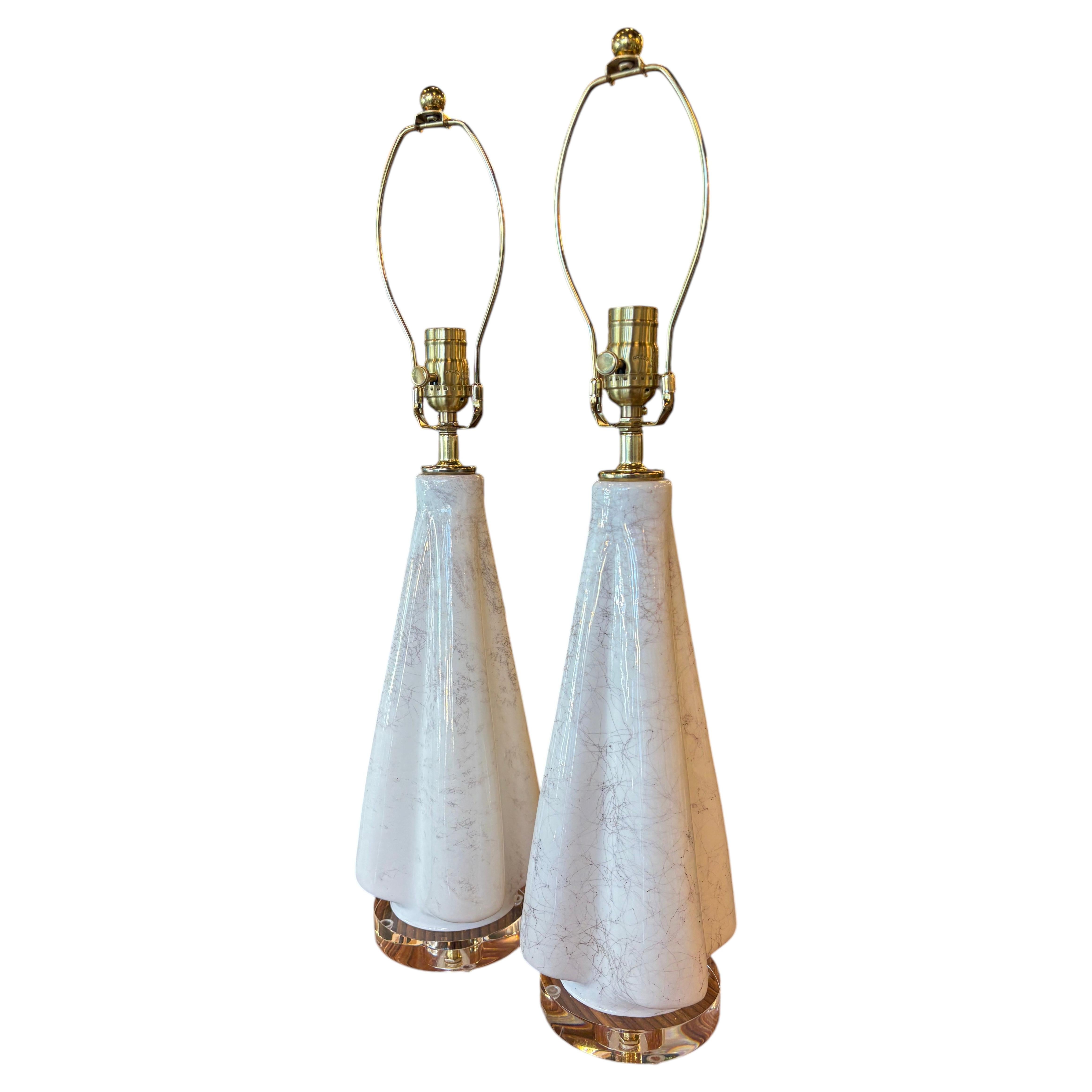 Vtg Murano Style Glass Fluted Scalloped Table Lamps Metallic Veins Newly Wired For Sale