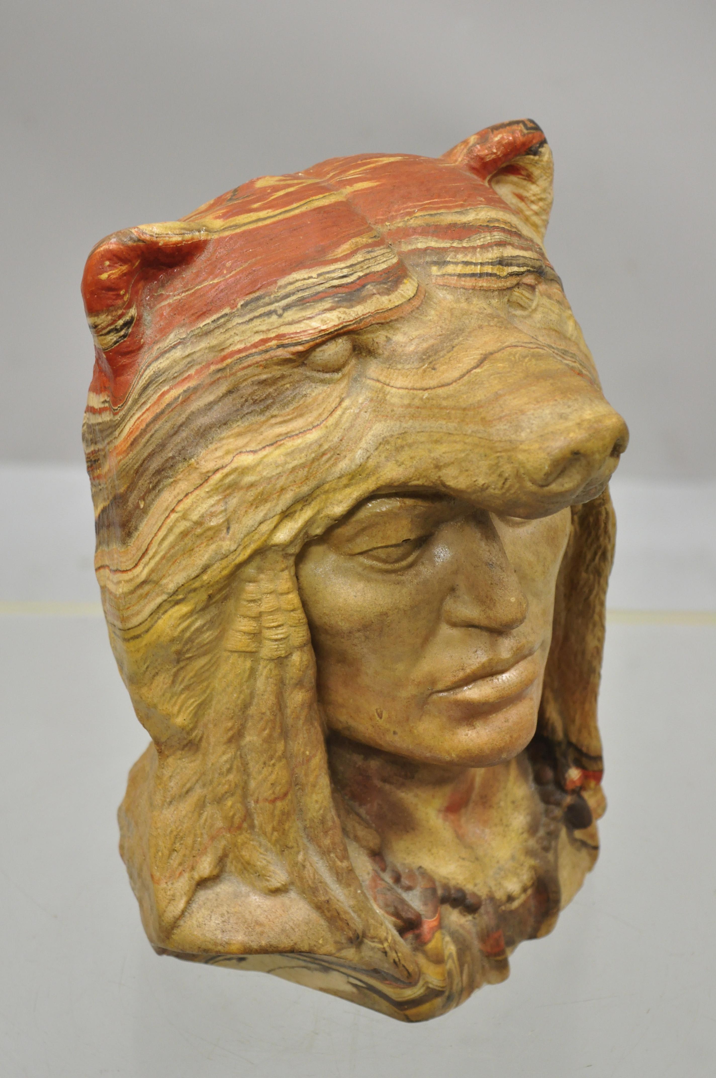 Vtg Native American Indian Chief Bear Head Bust Statue Swirl Layered Clay Resin For Sale 3