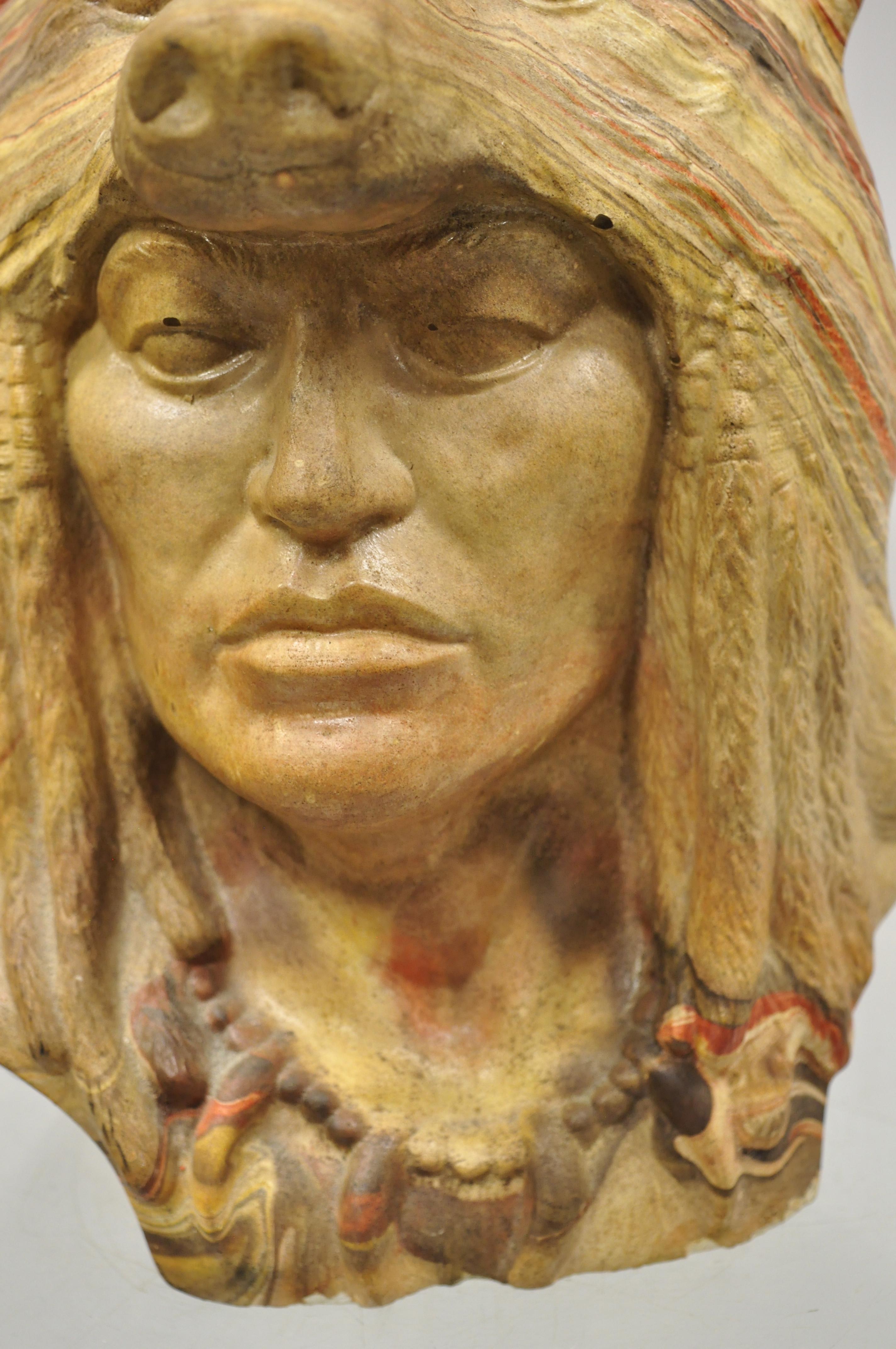 Native American Art Indian Chief Headdress Bronze Bust Sculpture Statue 20 lbs 
