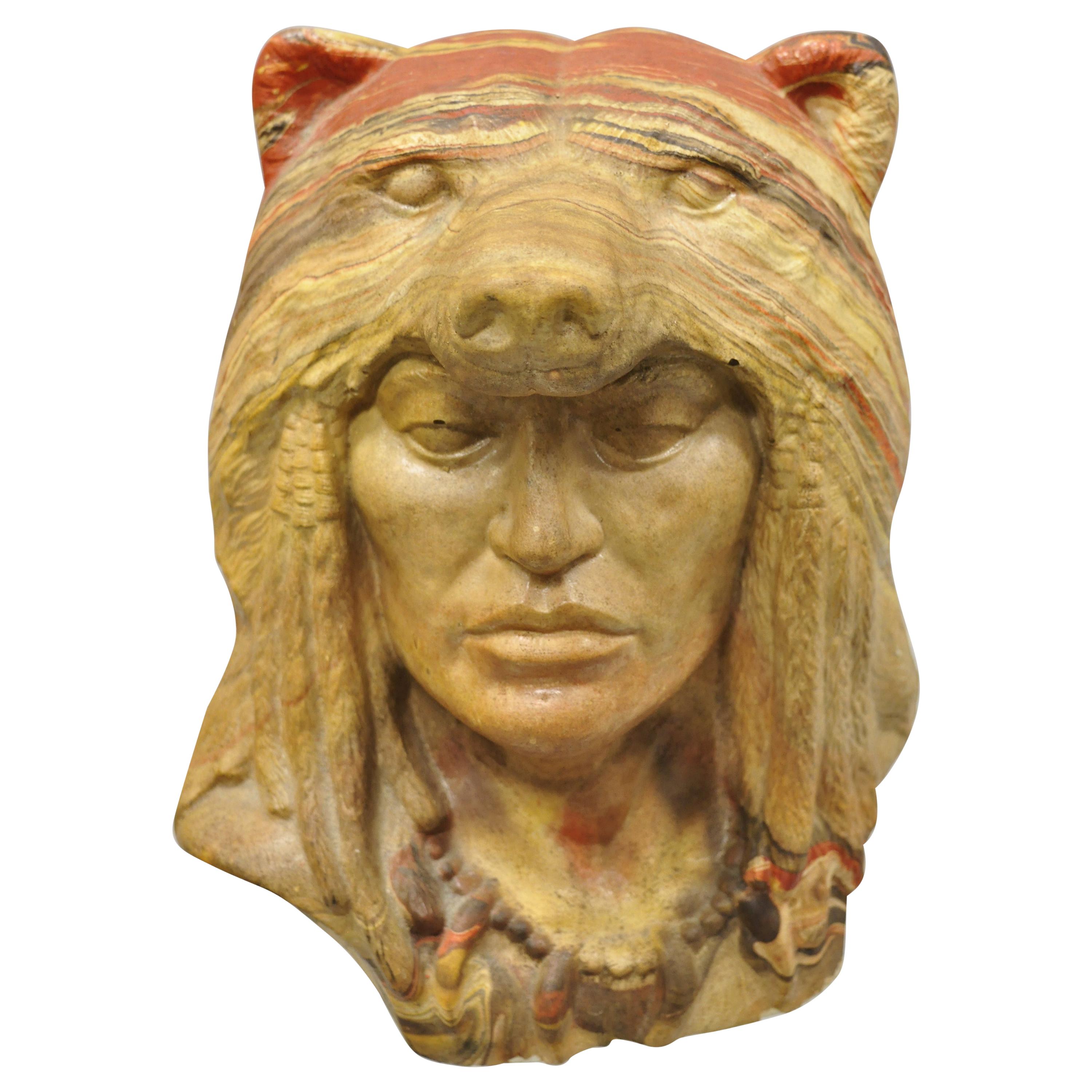 Vtg Native American Indian Chief Bear Head Bust Statue Swirl Layered Clay Resin For Sale