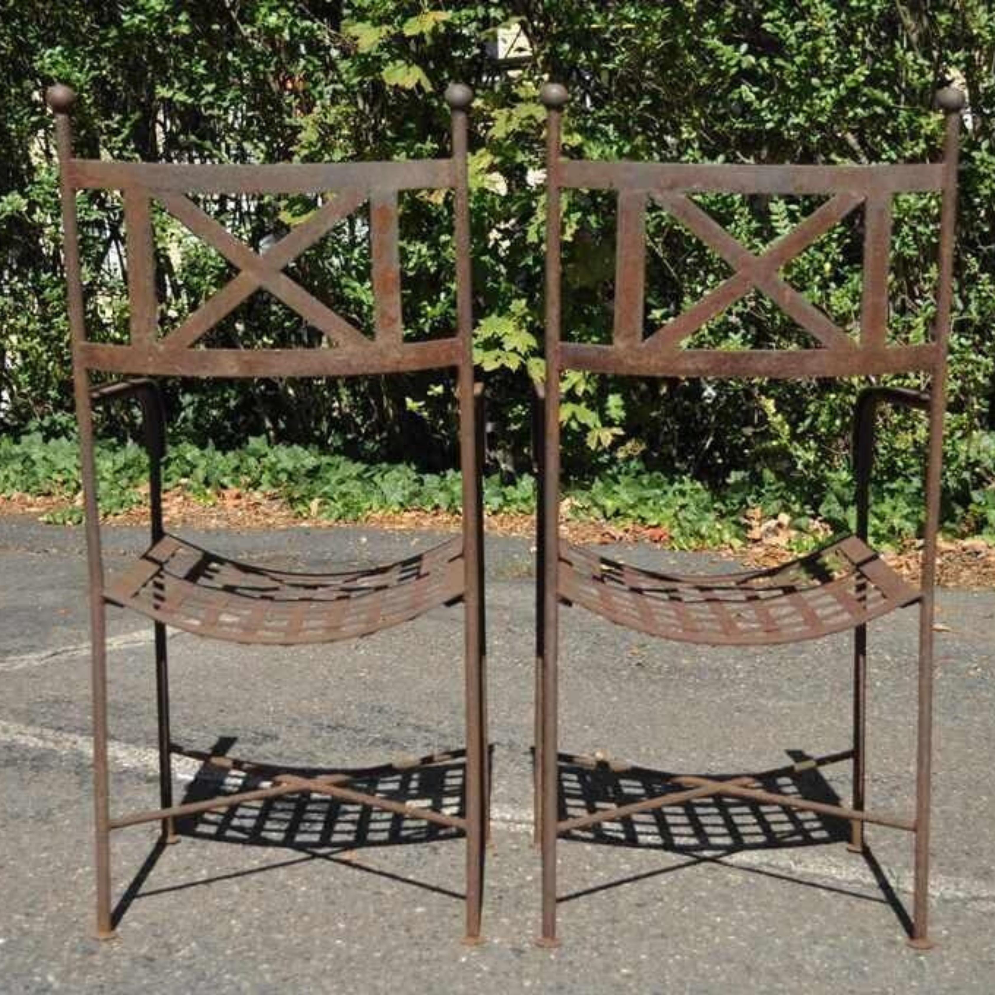 Vtg Neoclassical Regency Style Iron X Form Stretcher Garden Arm Chairs - a Pair For Sale 6