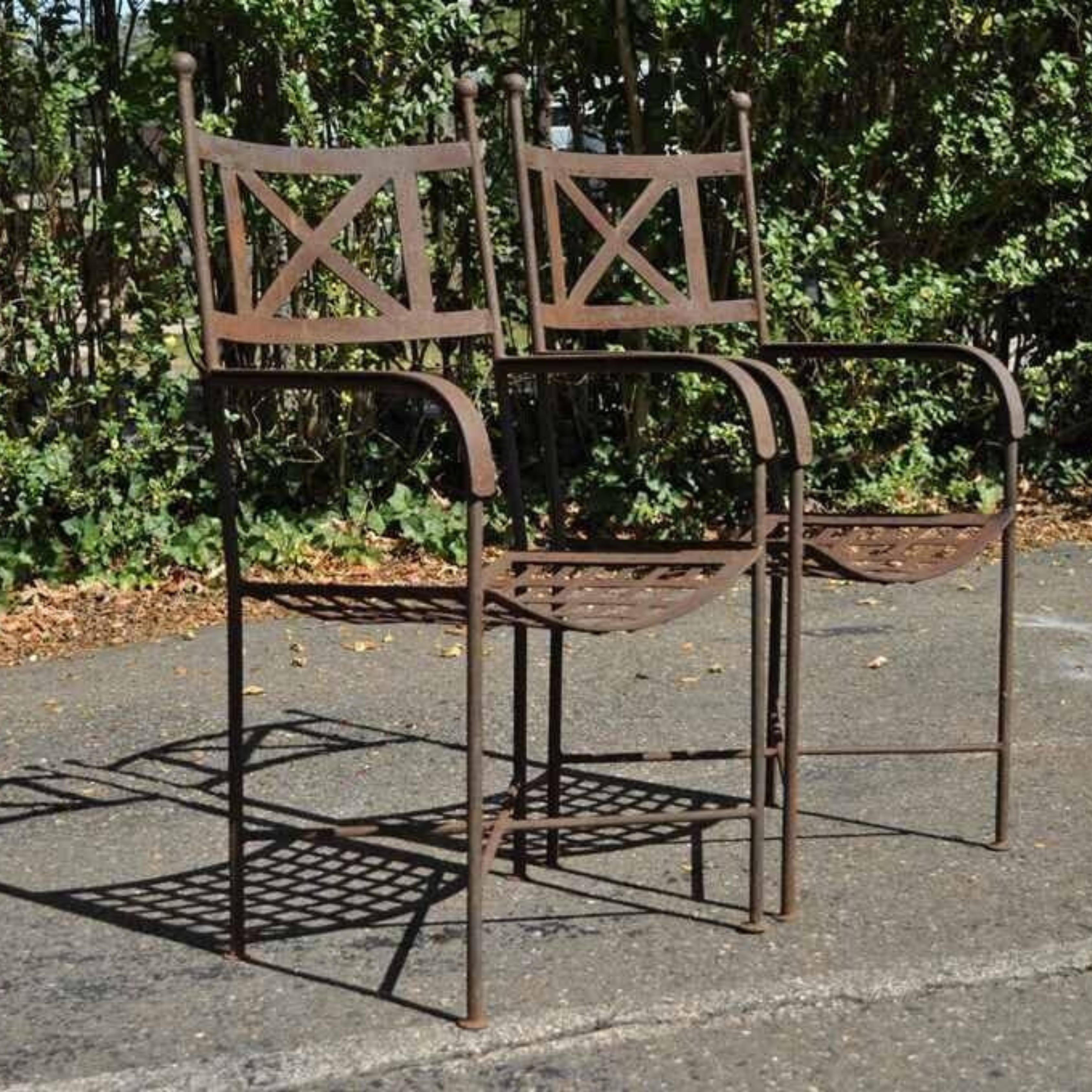 Vtg Neoclassical Regency Style Iron X Form Stretcher Garden Arm Chairs - a Pair For Sale 8
