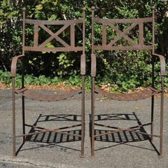 Vtg Neoclassical Regency Style Iron X Form Stretcher Garden Arm Chairs - a Pair