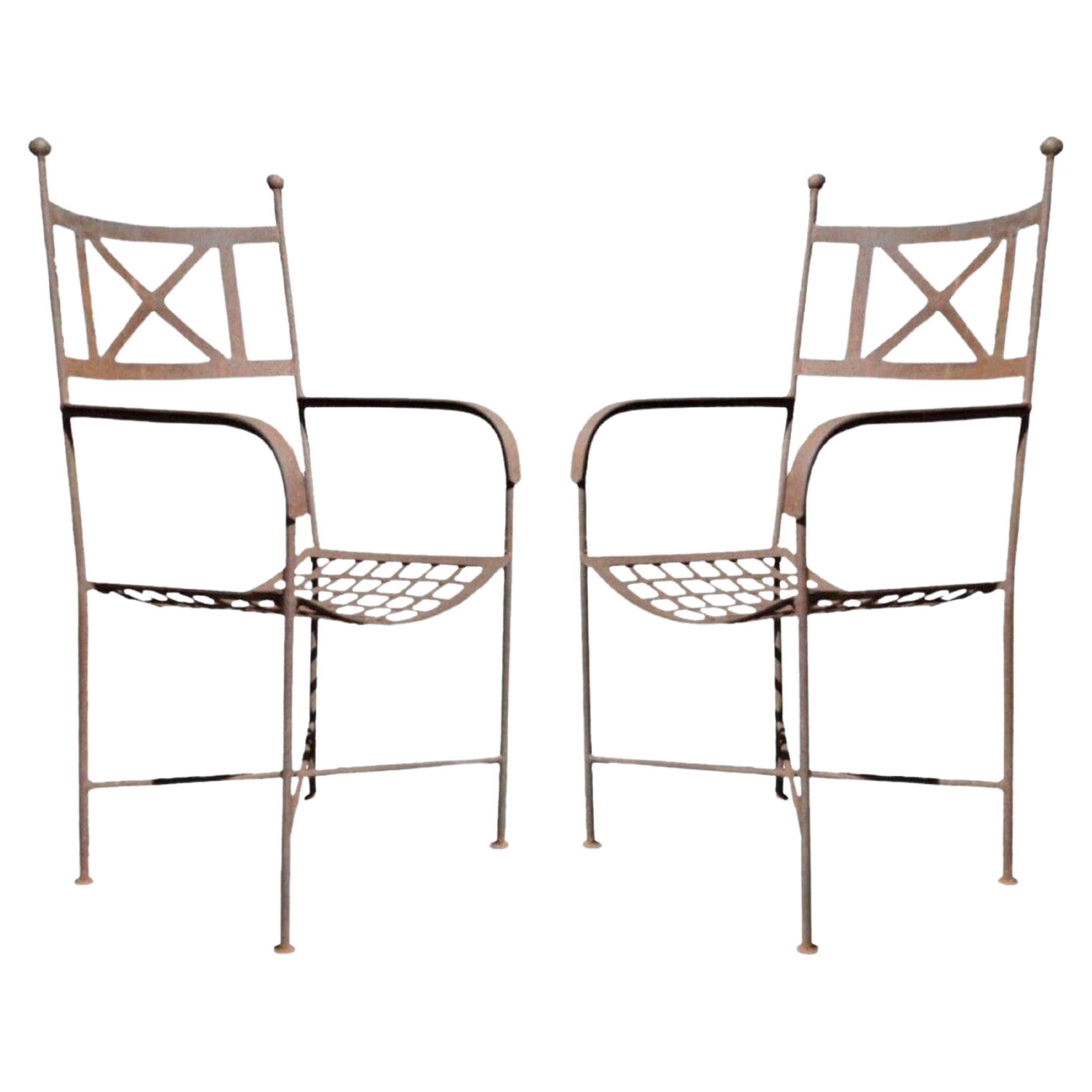 Vtg Neoclassical Regency Style Iron X Form Stretcher Garden Arm Chairs - a Pair For Sale