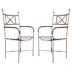 Antique Vtg Neoclassical Regency Style Iron X Form Stretcher Garden Arm Chairs - a Pair