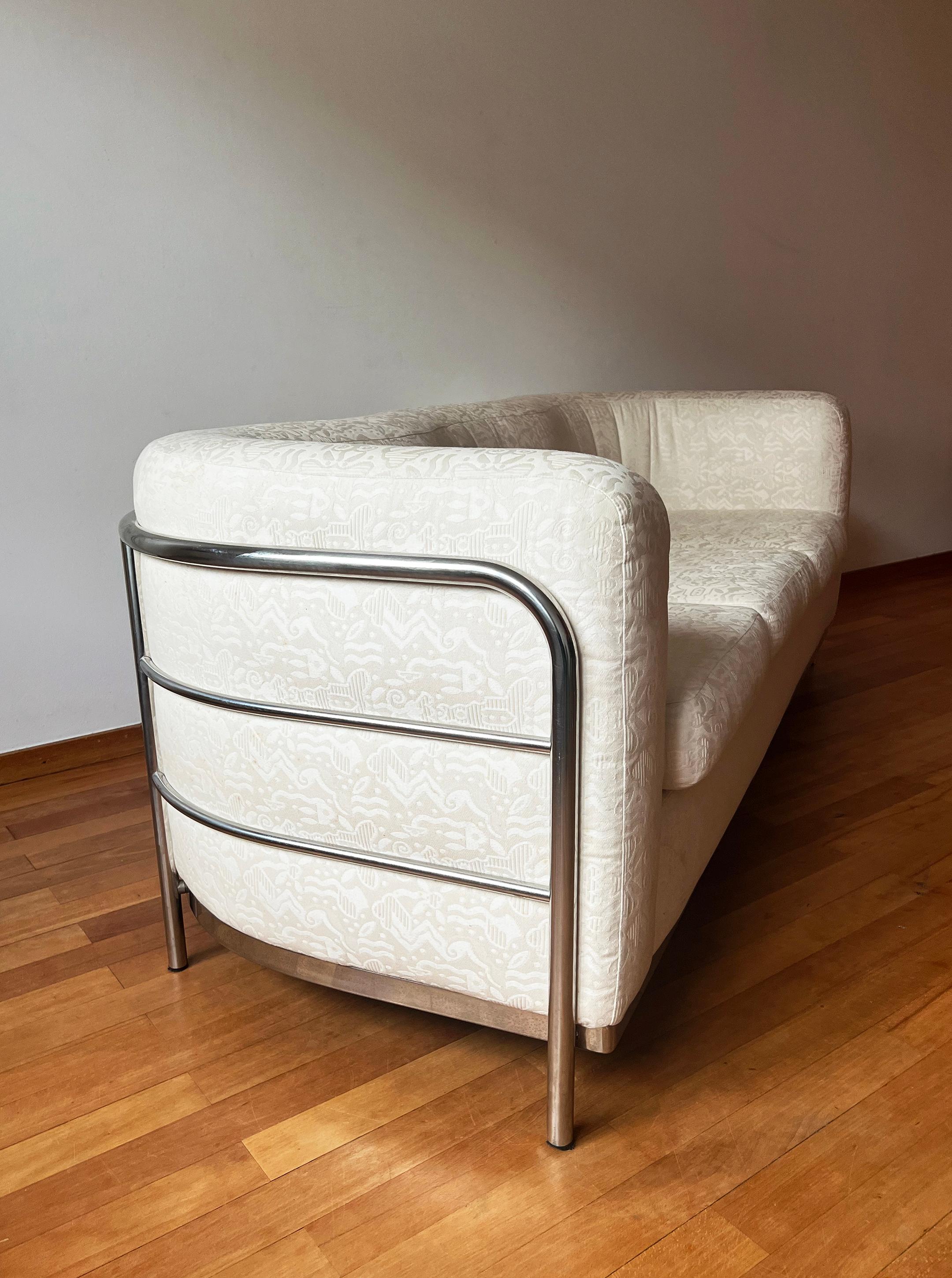 Italian Vtg 'Onda' Sofa by De Pas D’Urbino + Lomazzi for Zanotta 1980s Cream + Chrome For Sale
