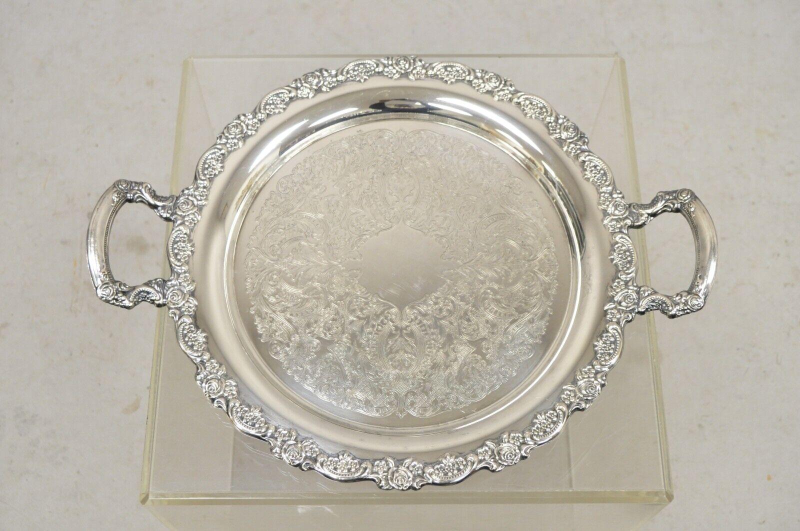 Vtg Oneida Victorian Style Round Silver Plated Serving Platter Tray w handles For Sale 4