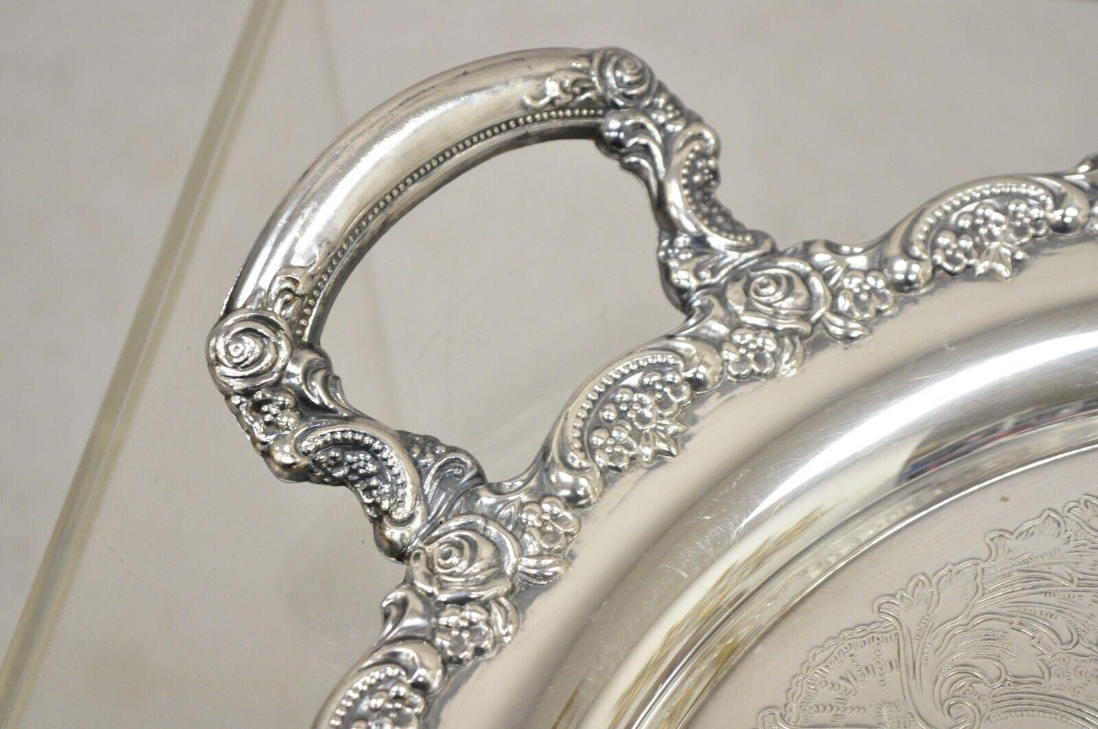 Vtg Oneida Victorian Style Round Silver Plated Serving Platter Tray w handles In Good Condition For Sale In Philadelphia, PA