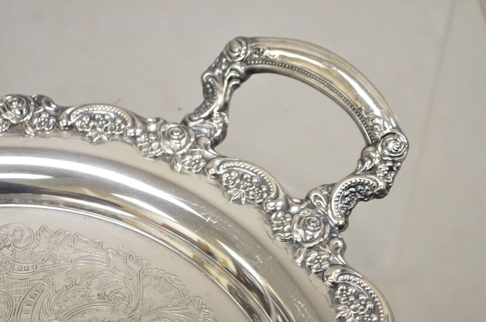 20th Century Vtg Oneida Victorian Style Round Silver Plated Serving Platter Tray w handles For Sale