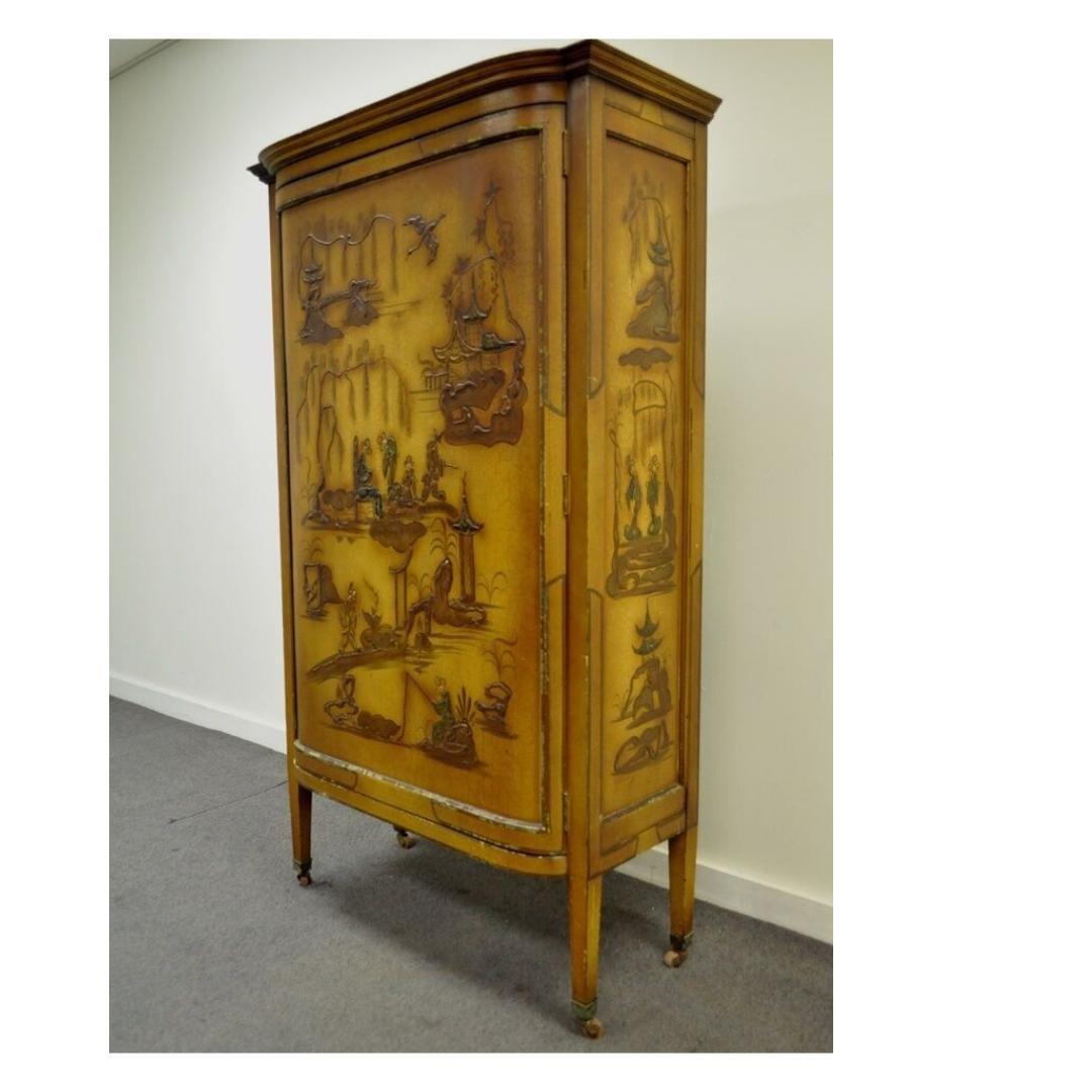 Vtg Oriental Chinese Asian Lacquered Figural Painted Mirrored Cabinet Curio For Sale 6