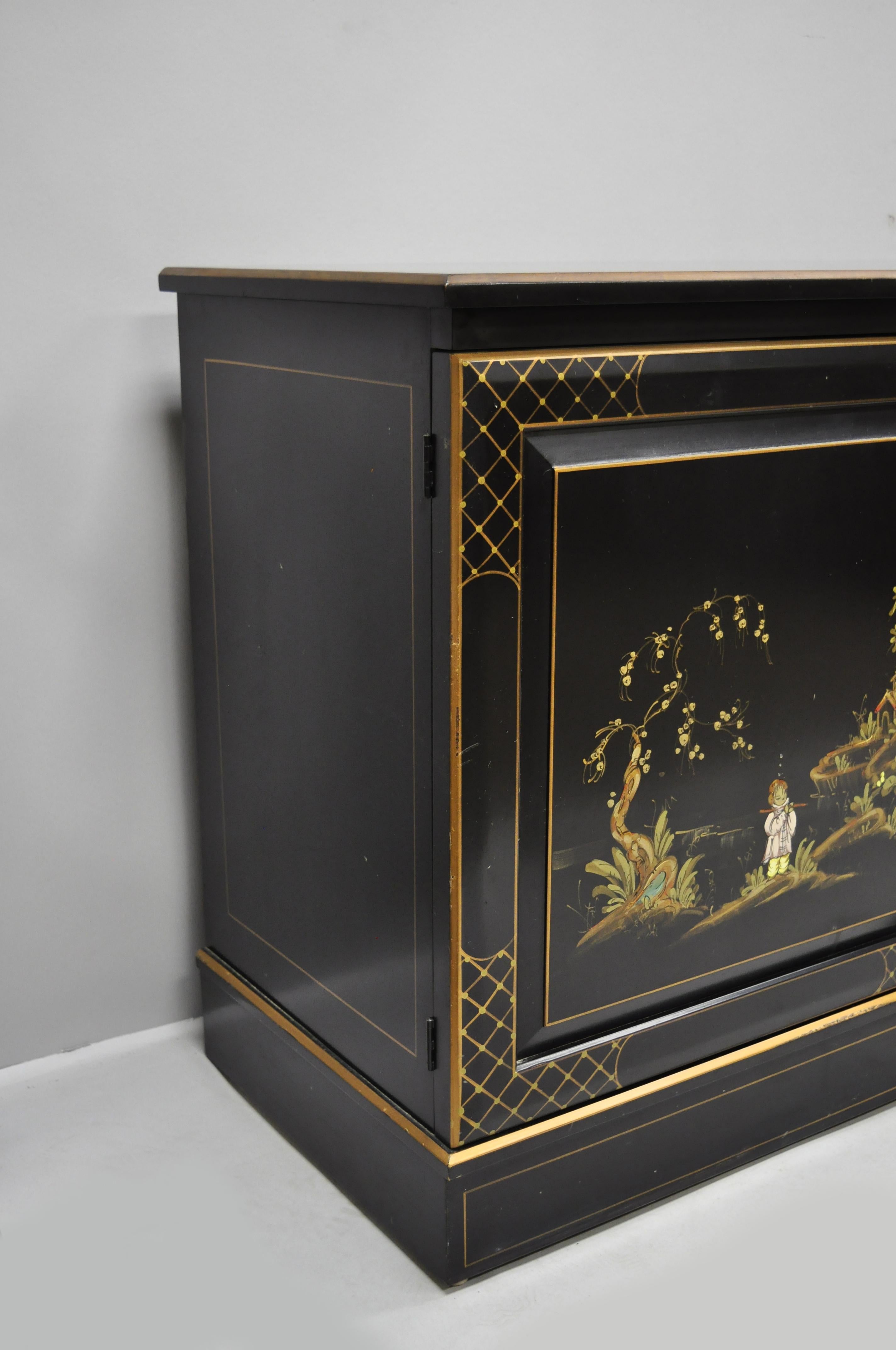 Vintage Oriental Hand Painted Black Lacquer Japanned Low Credenza Cabinet 2