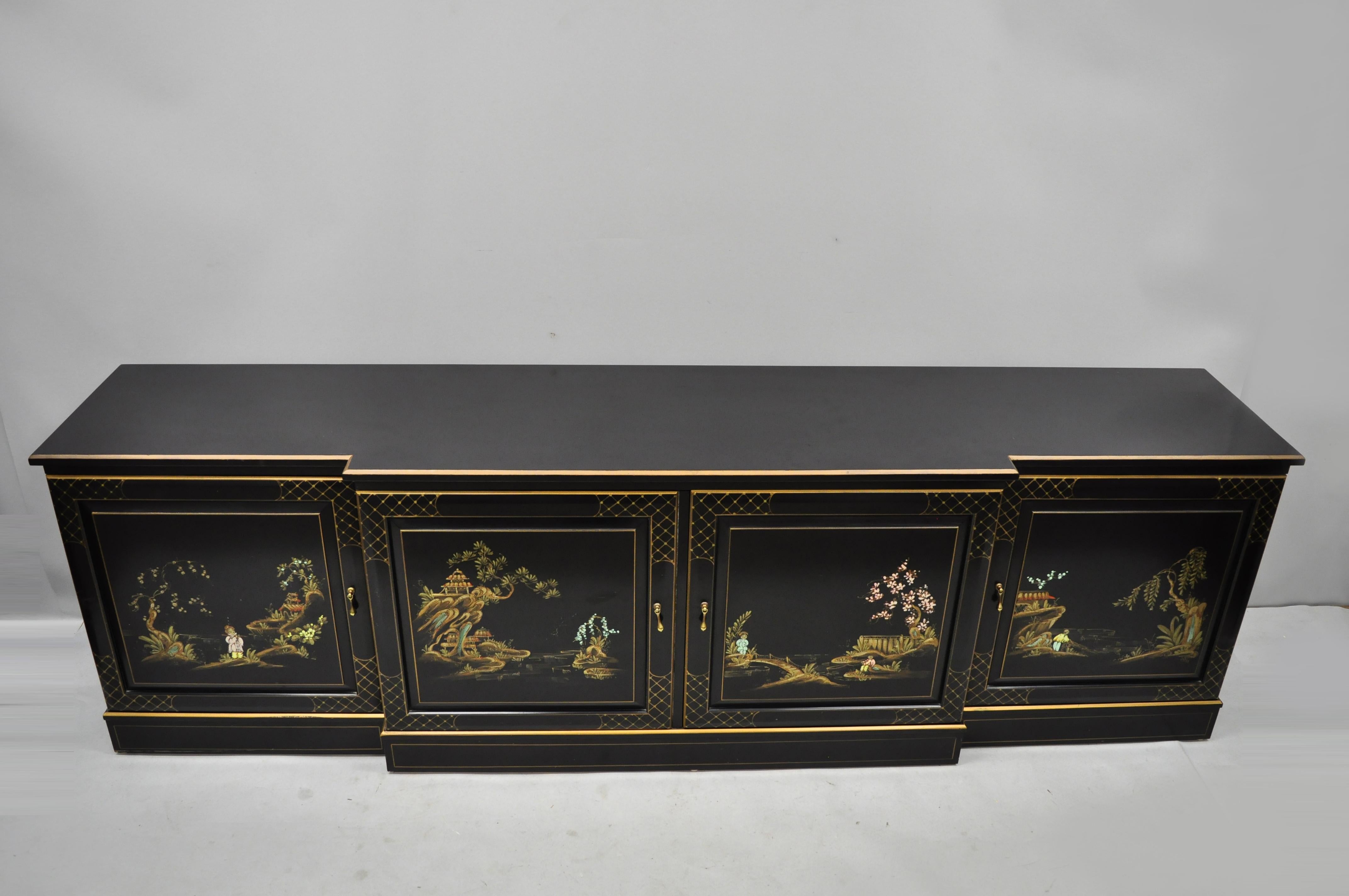 Vintage Oriental Hand Painted Black Lacquer Japanned Low Credenza Cabinet 4