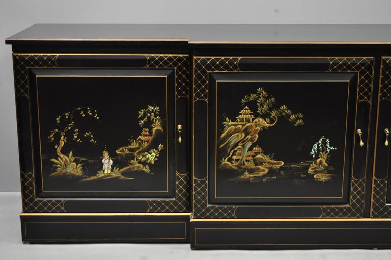 Vintage Oriental Hand Painted Black Lacquer Japanned Low Credenza