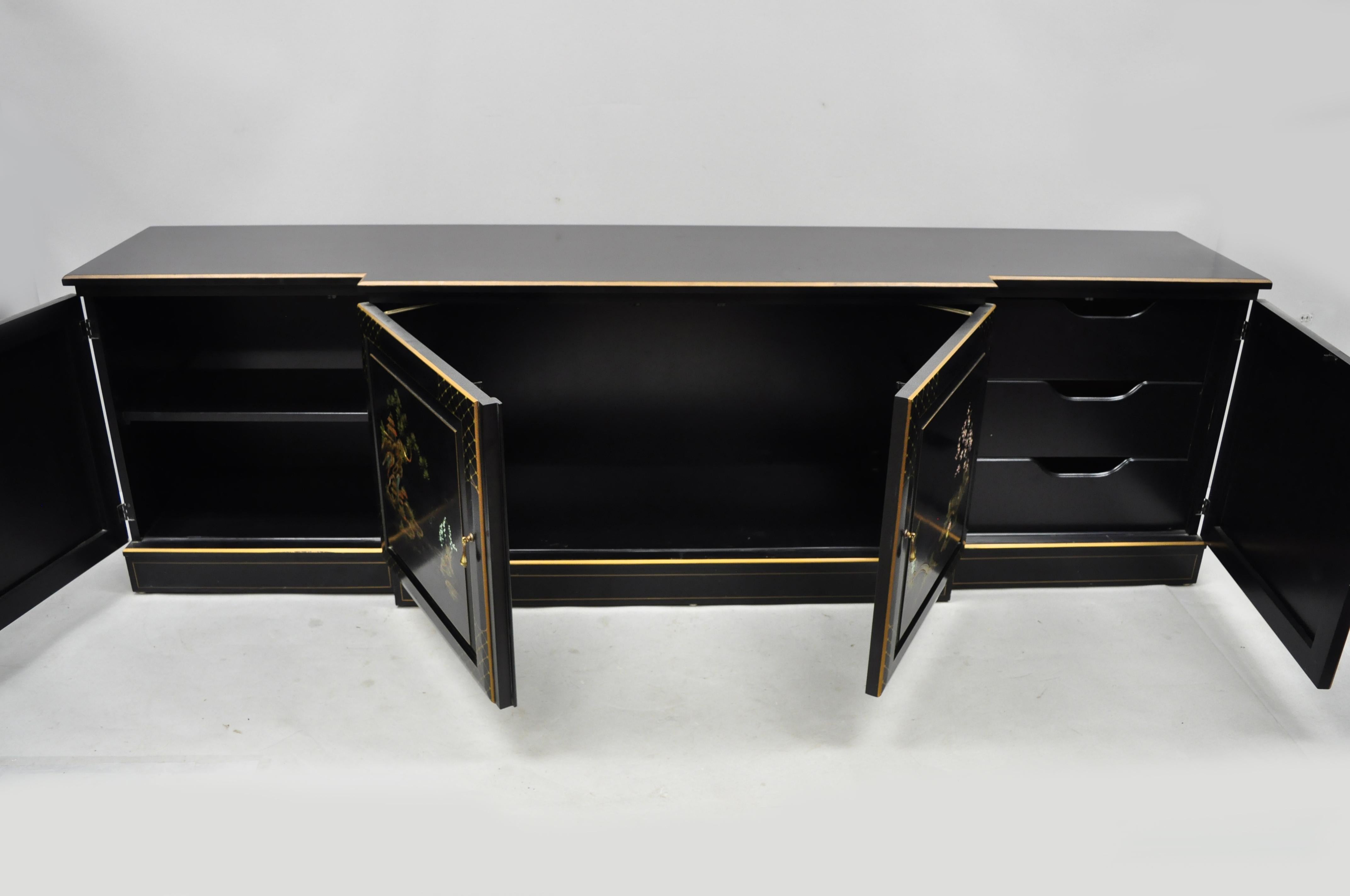 American Vintage Oriental Hand Painted Black Lacquer Japanned Low Credenza Cabinet