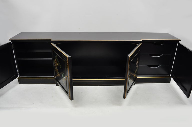 Vintage Oriental Hand Painted Black Lacquer Japanned Low Credenza