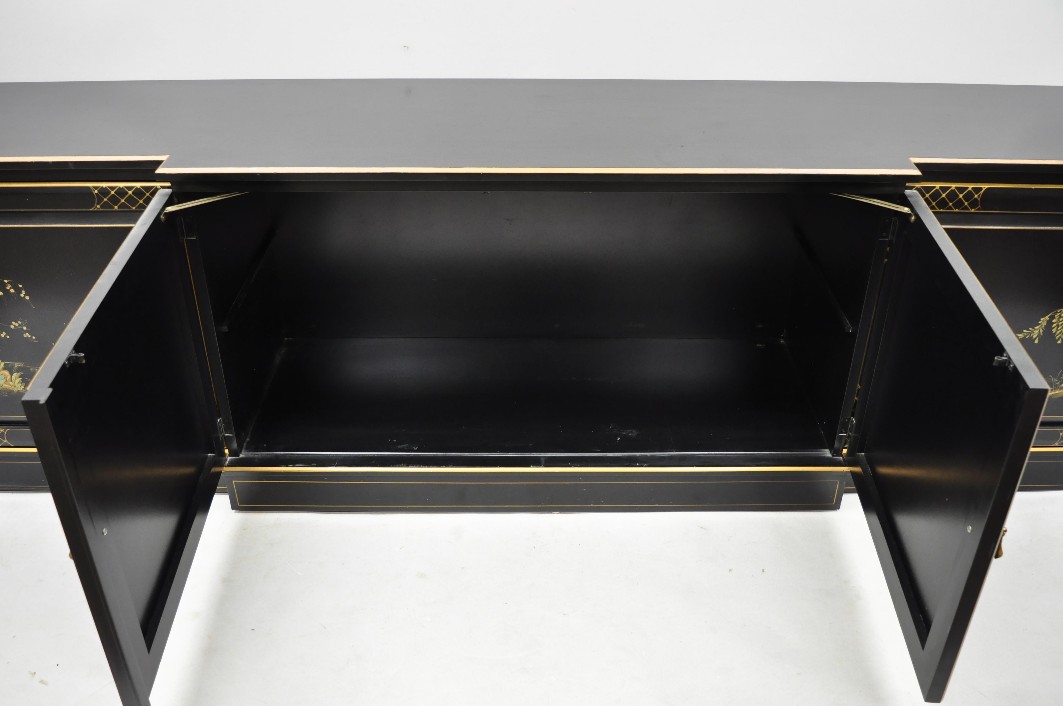 Vintage Oriental Hand Painted Black Lacquer Japanned Low Credenza Cabinet In Good Condition In Philadelphia, PA