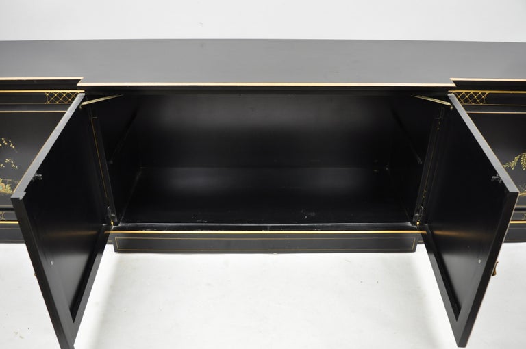 Vintage Oriental Hand Painted Black Lacquer Japanned Low Credenza