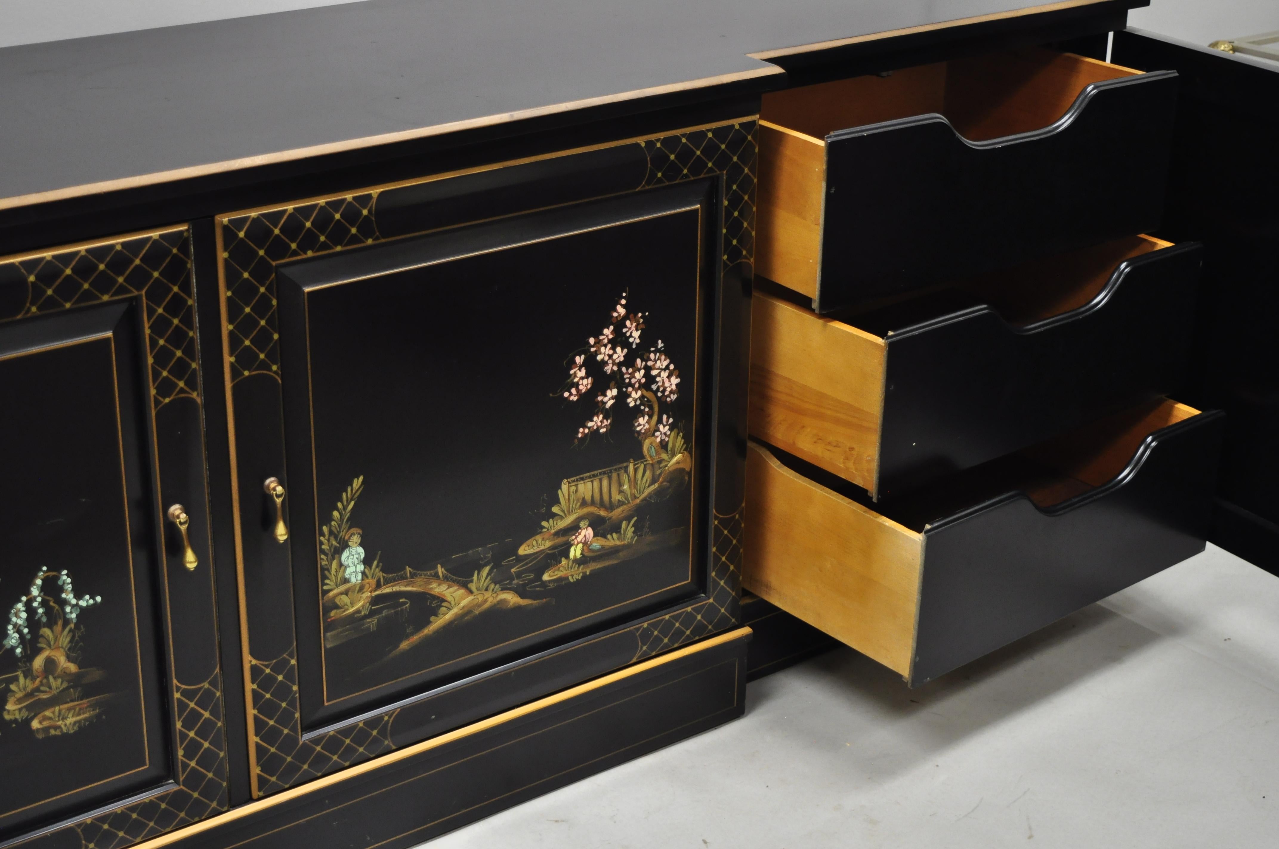 20th Century Vintage Oriental Hand Painted Black Lacquer Japanned Low Credenza Cabinet