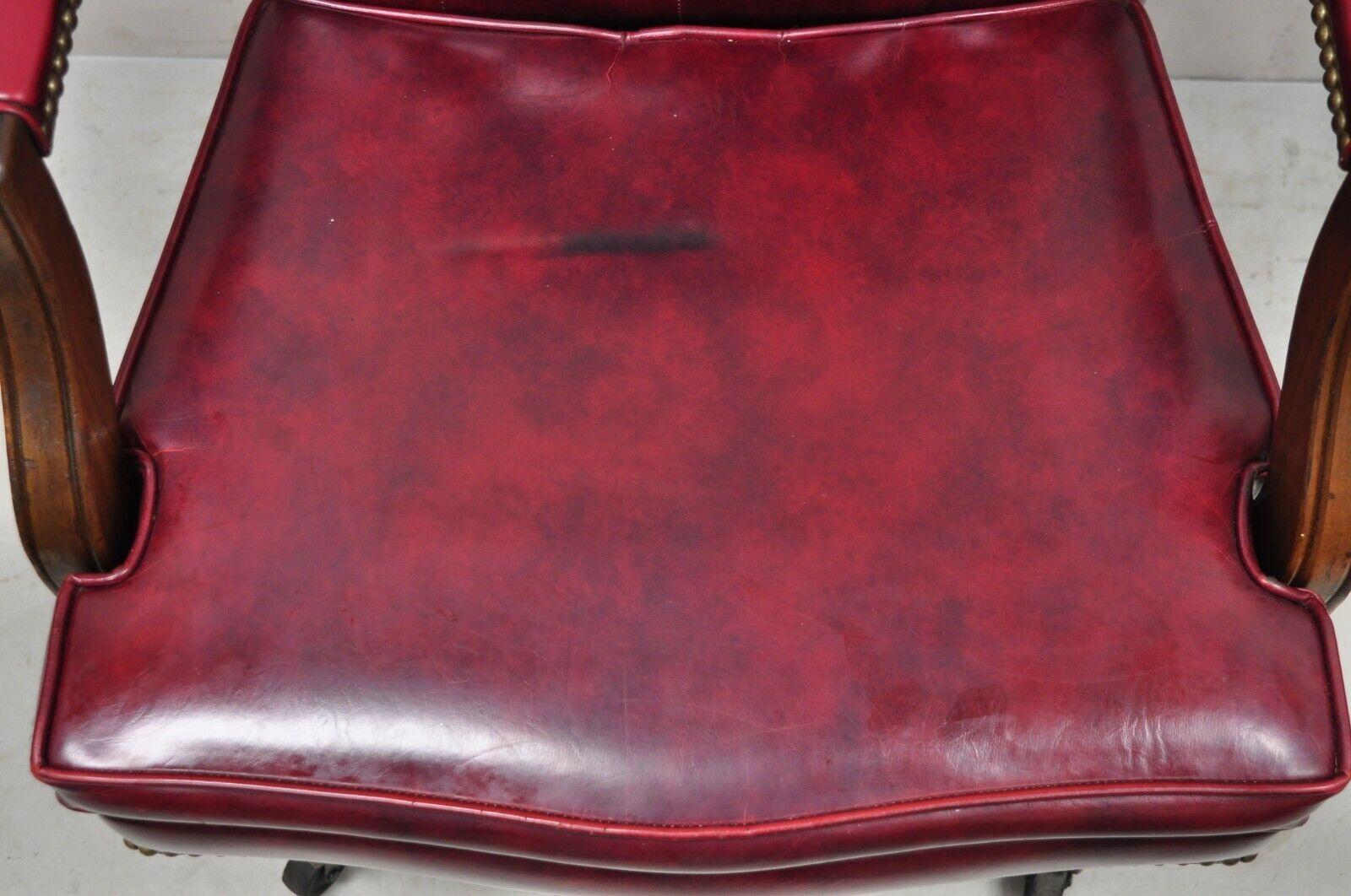 Wood Vtg Oxblood Burgundy Naugahyde Chesterfield Swivel Office Desk Executive Chair