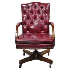Vintage Vtg Oxblood Burgundy Naugahyde Chesterfield Swivel Office Desk Executive Chair