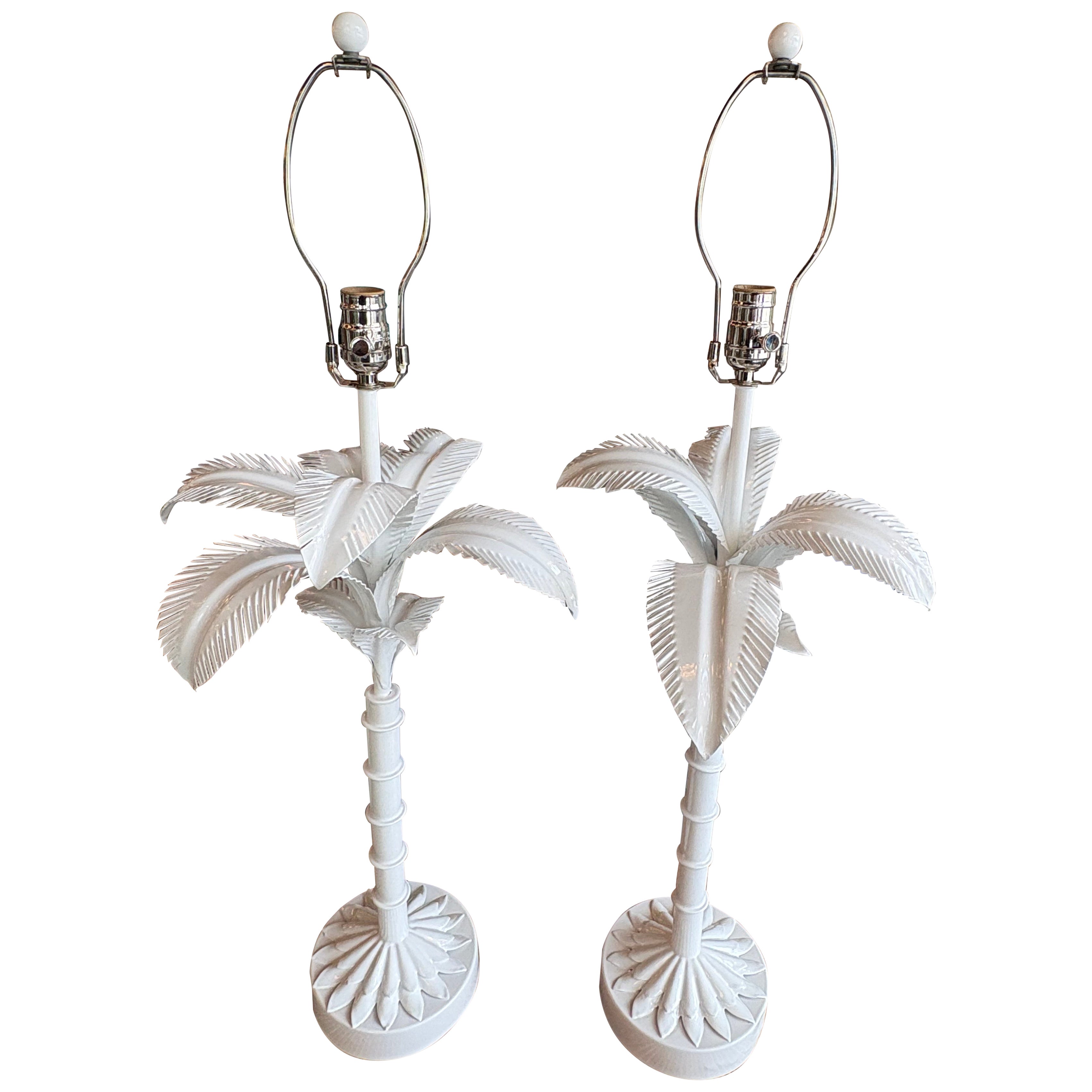 Vtg. Pair 1973 Palm Beach Tree Leaf Table Lamps Restored White Tole Newly Wired For Sale