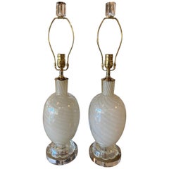 Vtg Pair Barovier Murano Glass Opaline Gold Swirl Sparkle Table Lamps Restored