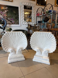 Vtg. Pair Palm Beach Concrete Scalloped Shell Seashell White Dining Table Bases