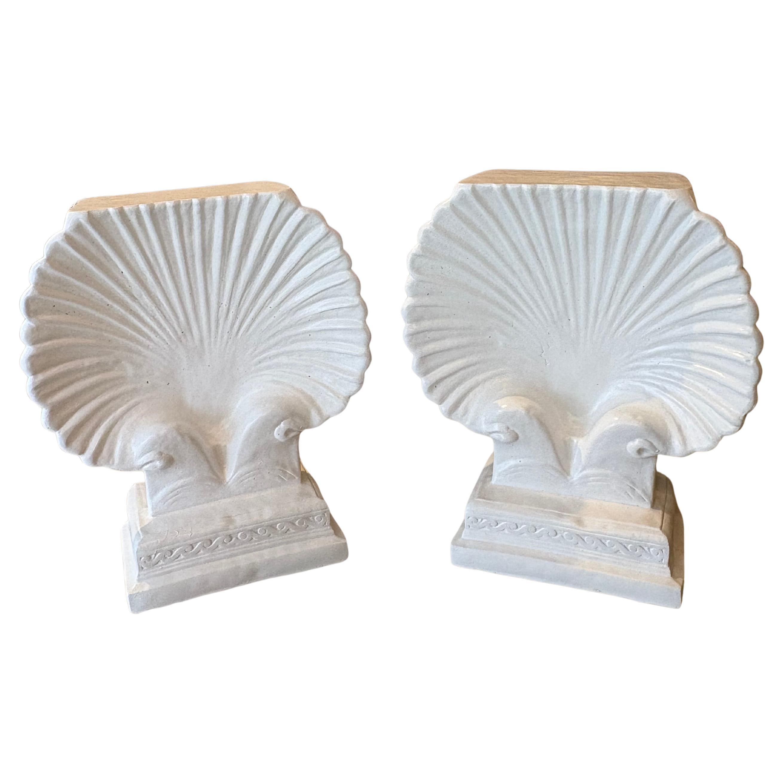 Vtg. Pair Palm Beach Concrete Scalloped Shell Seashell White Dining Table Bases For Sale