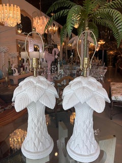Vtg. Pair Plaster White Lacquered Palm Beach Tree Table Lamps Newly Wired Brass
