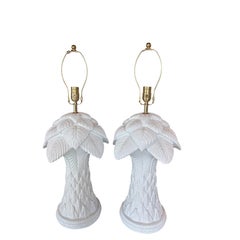 Vtg. Pair Plaster White Lacquered Palm Beach Tree Table Lamps Newly Wired Brass