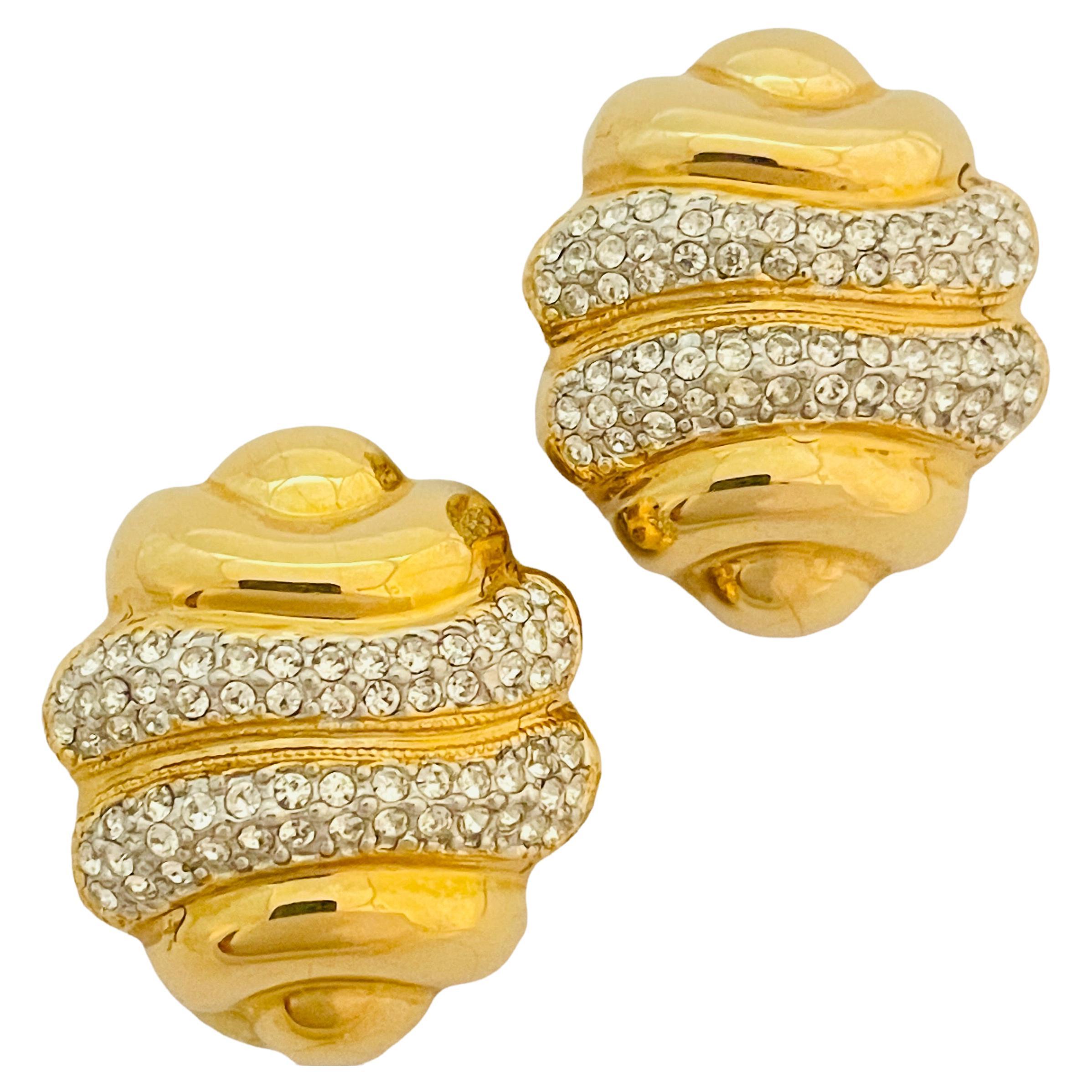 Vtg PISCITELLI gold rhinestone clip on earrings designer runway For Sale