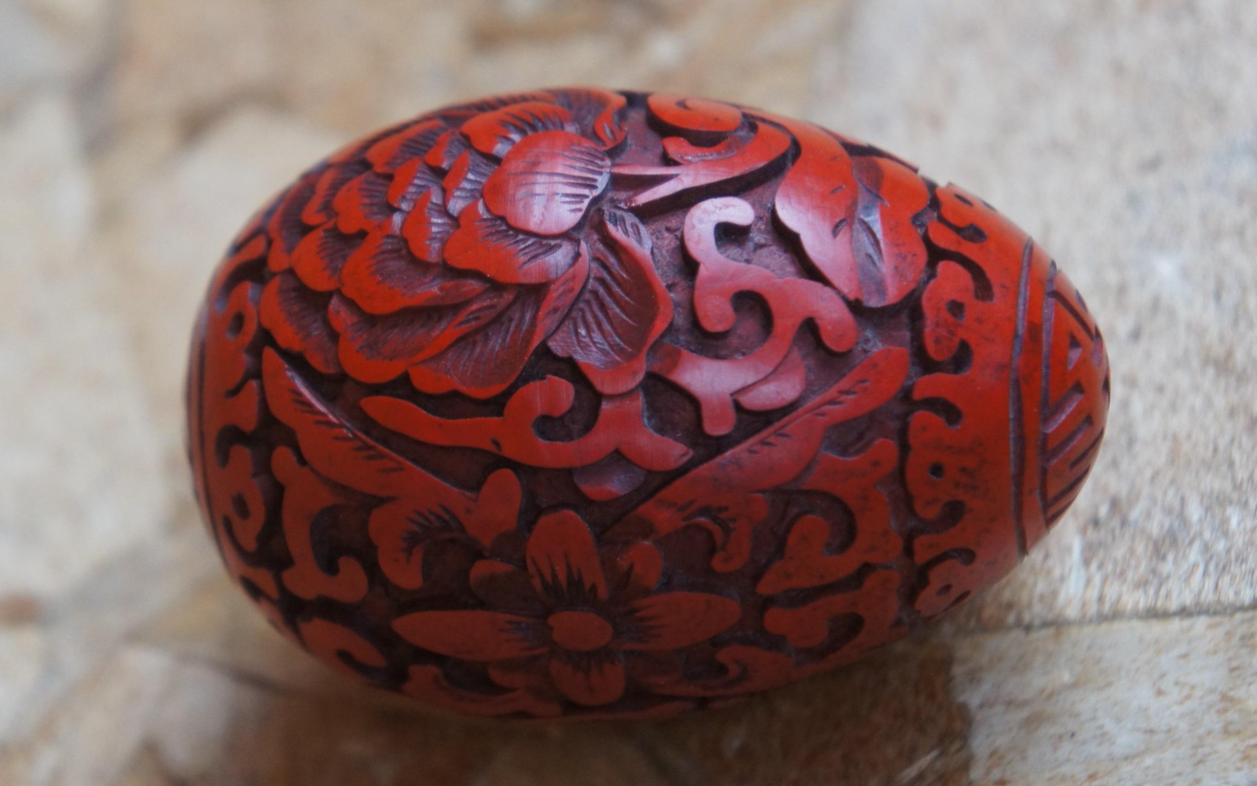 Vtg Rare Decorative Cinnabar Carved Lacquer Egg Red Double Happiness Wedding 1