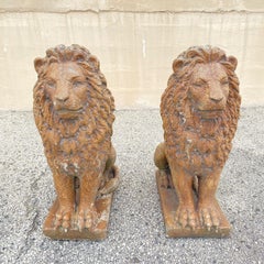Vtg Seated Guardian Lion 30" Stone Cement Garden Entrance Statue Figure - a Pair