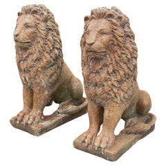 Vtg sitzender Guardian Löwe 30" Stein-Zement-Garten-Eingangsstatue-Figur - ein Paar