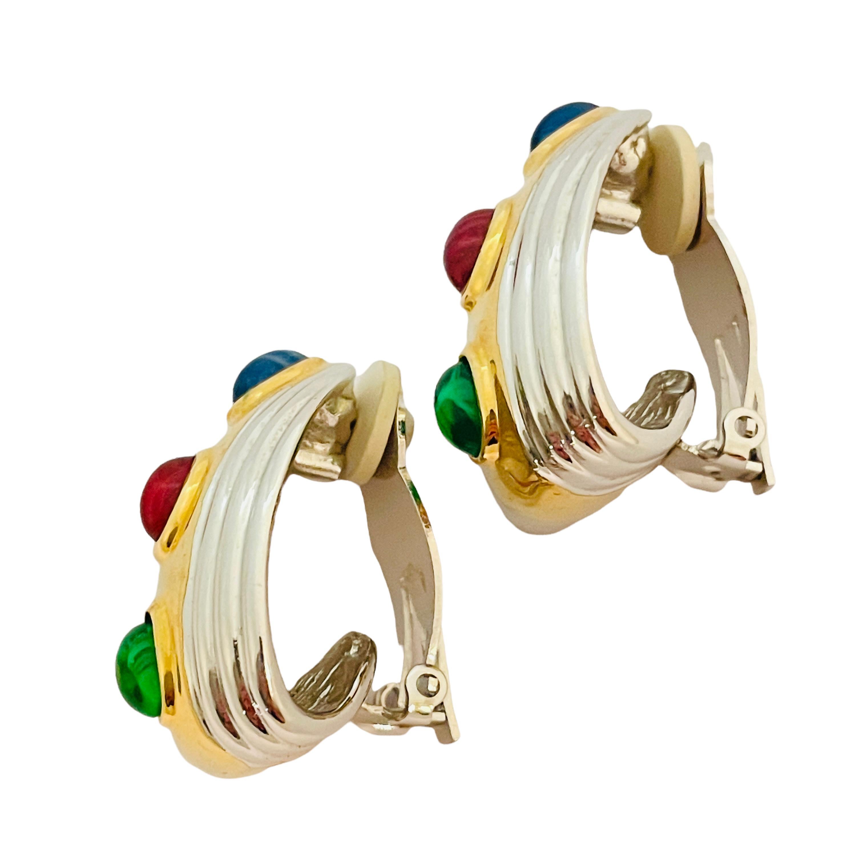 Women's or Men's Vtg silver gold jewel marbled glass clip on earrings designer runway For Sale