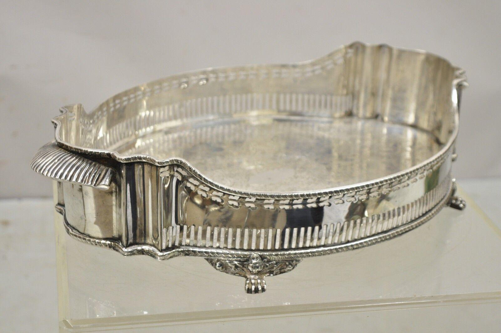 Vtg Silver Plated Shapely Serving Platter Tray with Pierced Gallery on Paw Feet 6