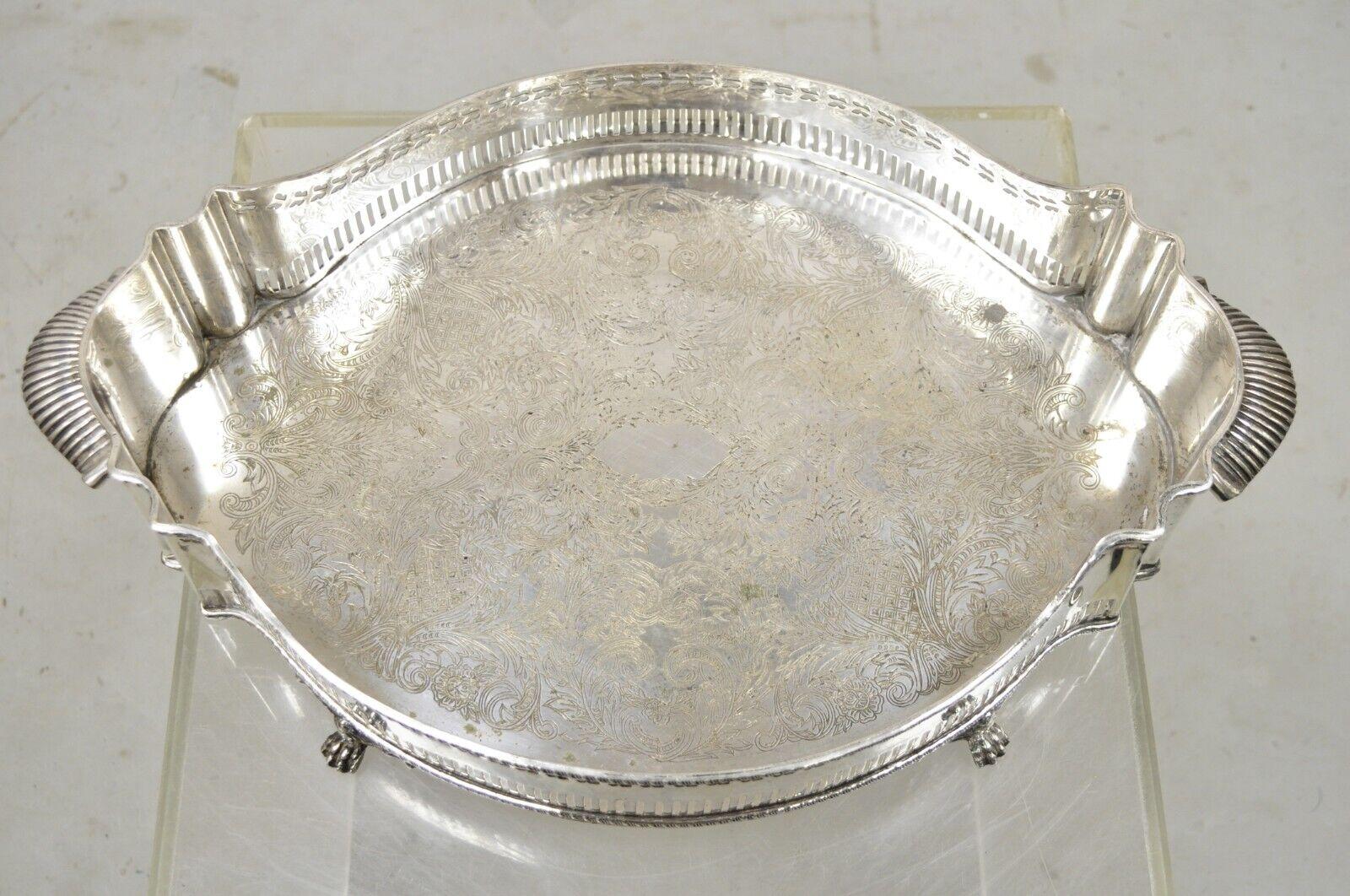 Regency Vtg Silver Plated Shapely Serving Platter Tray with Pierced Gallery on Paw Feet